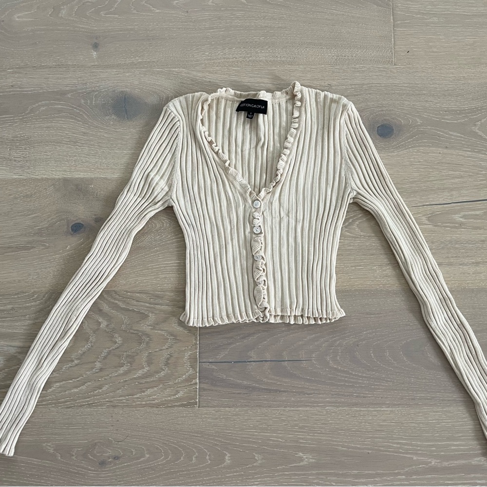Cream Ribbed Long Sleeve Top